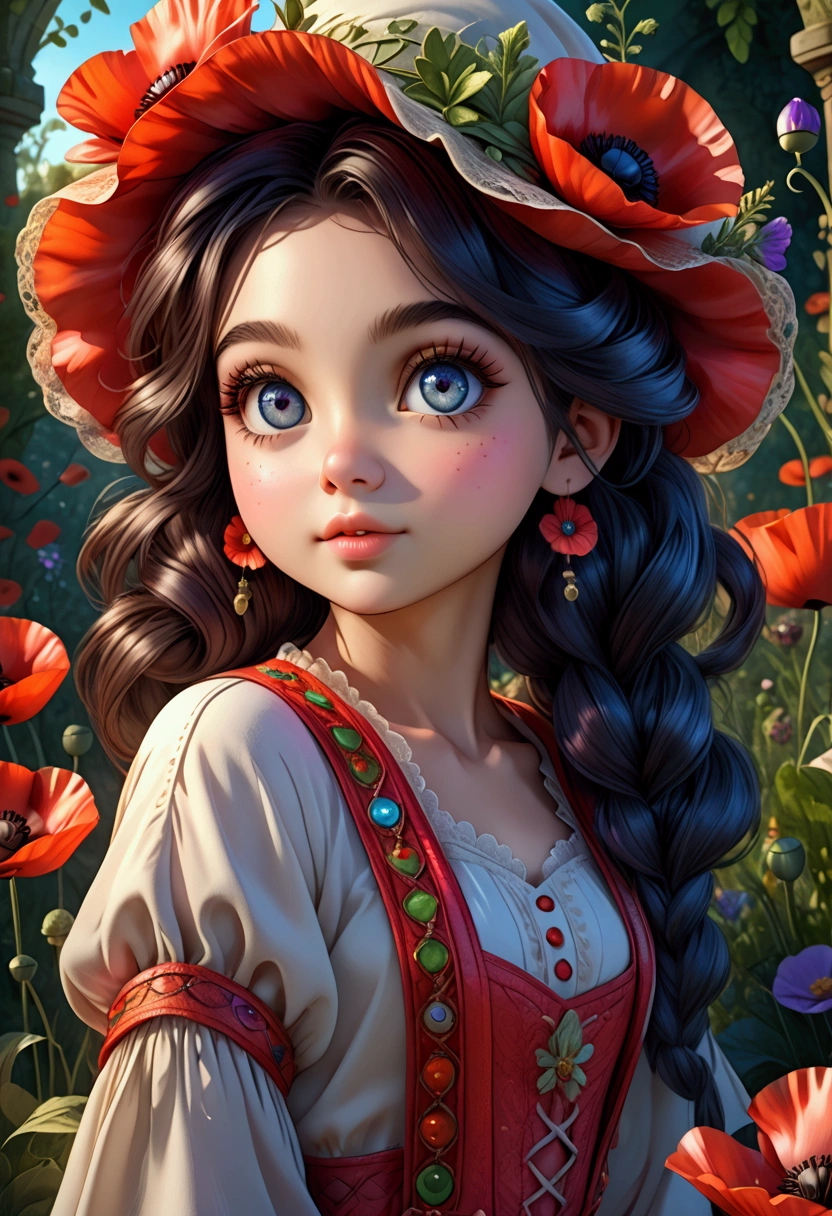 a beautiful young girl, 1girl, highly detailed face and eyes, long eyelashes, delicate features, cute expression, poppy playtime character, colorful outfit, vibrant colors, cinematic lighting, fantasy, magical, photorealistic, 8k, high quality, detailed background, lush garden setting, intricate details, soft lighting, dreamlike, ethereal