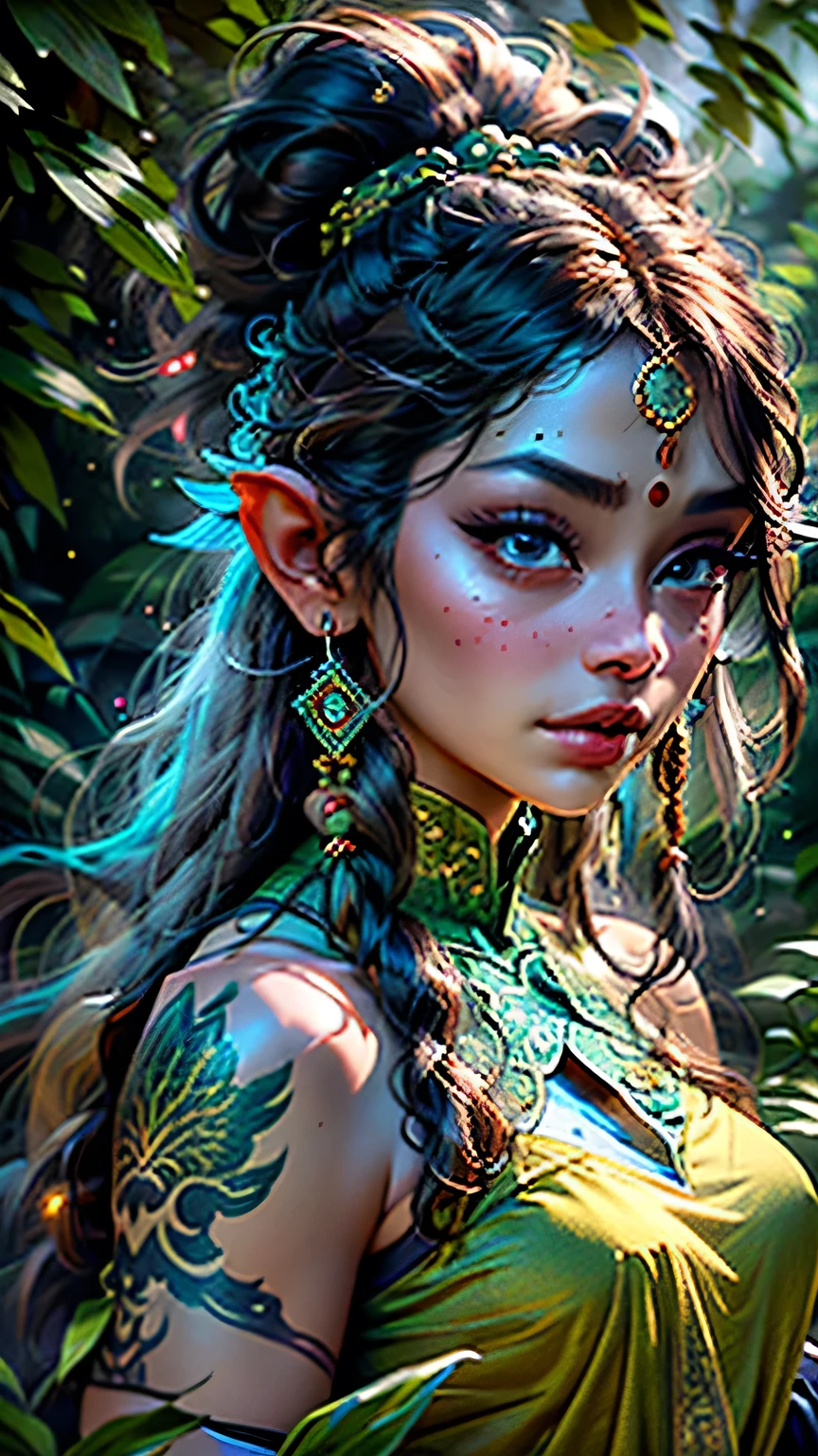 beautiful busty asian elf woman druidess priestess sorceress witch vine tattoo earthy forest magic fae feline sparkling firefly dragonfly