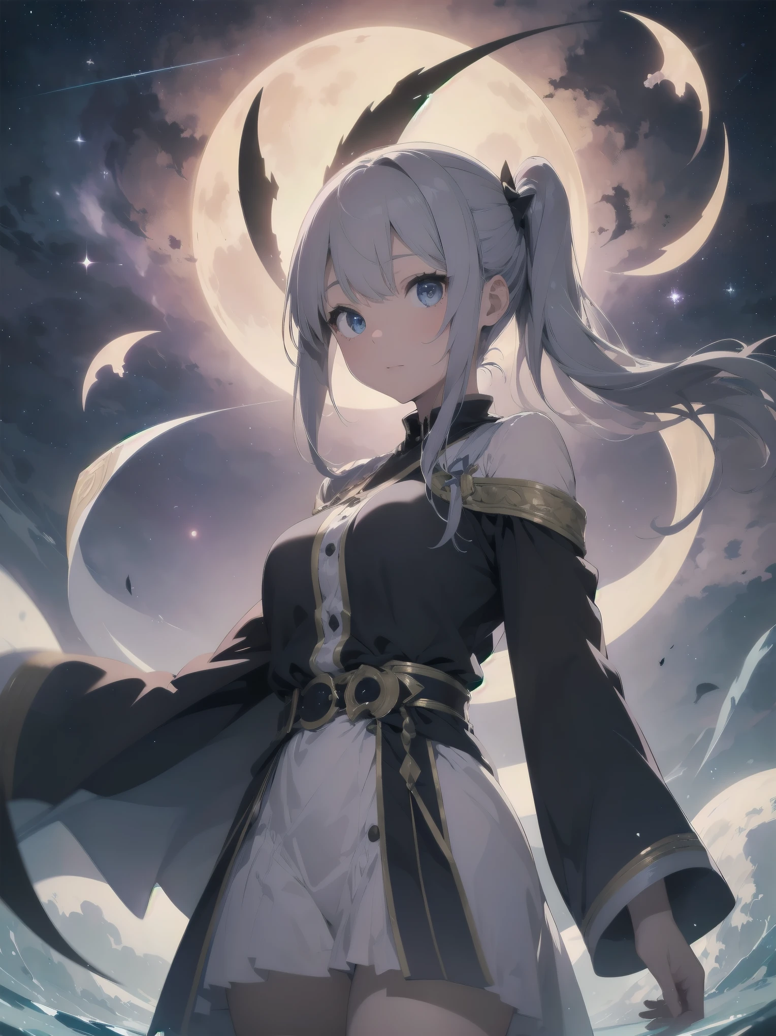<lora:arsalmal768Ly:0.8>,arsalmal, hood, hood up, hooded cape, cape, skirt, black skirt, detached sleeves, white shirt,see-through, see-through sleeves, breasts,
(Lightning Magic:1.1),
masterpiece, best quality, twincle eyes,
(street at night :1.1),(night, all night, the night owls, night sky:1.1) ,sun light,sparkling,from behind,(looking at viewer:1.1),