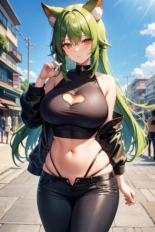 ((best quality)), ((masterpiece)), (detailed), perfect face, blue top, crop top, blue fitted dolphin shorts, huge breasts, huge ass , green hair