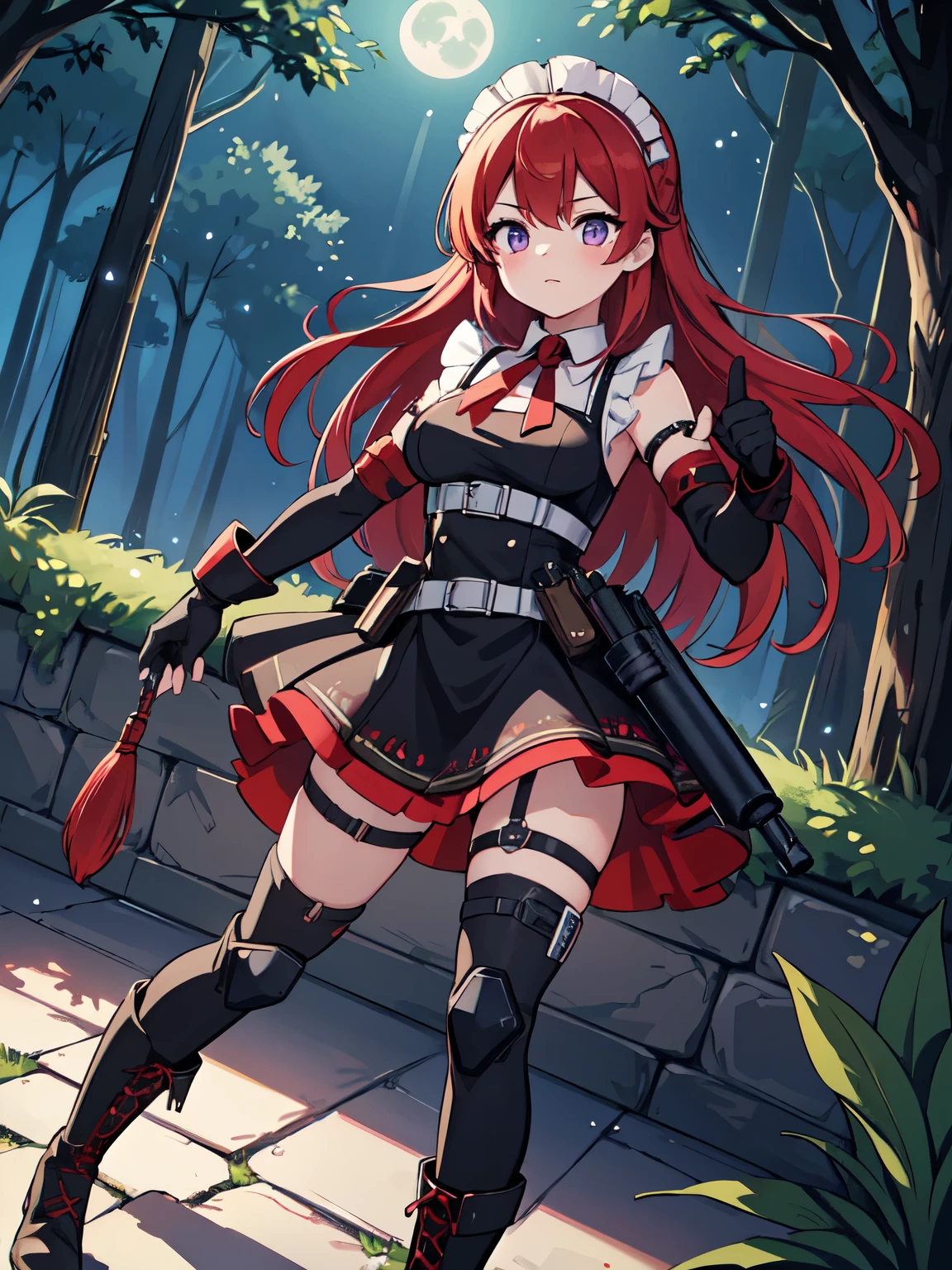 A red-haired sorceress with mesmerizing eyes and enchanting lips stands in a magical night garden, hengertips reaching out for a crow. The scene is bathed in a mysterious glow, with soft moonlight casting shadows on the lush foliage surrounding her. The witch is dressed in a flowing robe adorned with intricate patterns. The crow, with feathers as dark as the night, perches on a twisted branch, its eyes filled with intelligence and mischief. As the sorceress extends her hand, a subtle swirl of vibrant red and purple magic begins to envelop her and the crow. The atmosphere is filled with an air of both danger and intrigue, as if the witch is about to embark on an epic quest in a mystical RPG adventure. Emphasis on ultra-detailed elements, realistic textures, and vivid colors. The lighting is carefully crafted to create a sense of depth and drama, with moonlight casting delicate highlights and shadows on the witch and her surroundings. Capturing the essence of witchcraft and the allure of a sorceress immersed in a world of magic and mystery, high quality, maid, military, tactical maid, black leather fingerless gloves, 1girl solo, maid dress, maid outfit, tactical equipment, tactical leg straps, tactical, looking at viewer, military straps, military harness, military light vest, two-tone hair, ((red camouflage)), ((1girl)), tactical maid, tactical clothes red camouflage, (tactical) light vest, tactical light equipment, Tactical boots, tactical straps, tactical fingerless gloves, tactical harness, maid battle, tactical thigh belt, anime maid, tactical joint protections, Knee Pads and Elbow Pads Tactical Protection, full body, athletic body, military straps, red camouflage uniform, red camouflage maid clothes, maid red camouflage dress, red command, e-girl make up, atletic body, red hair, elegant hairstyle, combat pose, standing pose, communications diadem, mesh flannel red military jacket shooting, tactical straps, exposed abs, machinegun