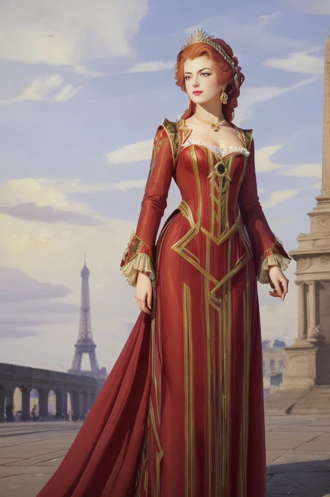 A picture of A woman in a magnificent closed red dress of the 18th century, red lipstick, Mavuika from Genshin Impact, Queen Marie-Antoinette, 18th century, French hairstyle from the 1790s, red hair, yellow eyes, a mole under the lower lip, her melancholic face looking at the viewer, She stands in the middle of the Place de la Concorde in Paris surrounded by people, with a guillotine in the background behind her, outdoors, outside, autumn, grey clouds, rainy weather, The Great French Revolution, Works inspired by Friedrich von Amerling, Inspired by Thomas Lawrence, Inspired by Franz Xaver Winterhalter, Nick Alm, oil painting style, realistic woman oil painting, elegant portrait, beautiful portrait of a woman, Inspired by Casey Baugh, elegant digital paintings, Inspired by Howard Chandler Christie, cool beauty, perfect tall model body, best quality, perfect angle, perfect composition, best shot, official art, cinematic light, supreme work of art