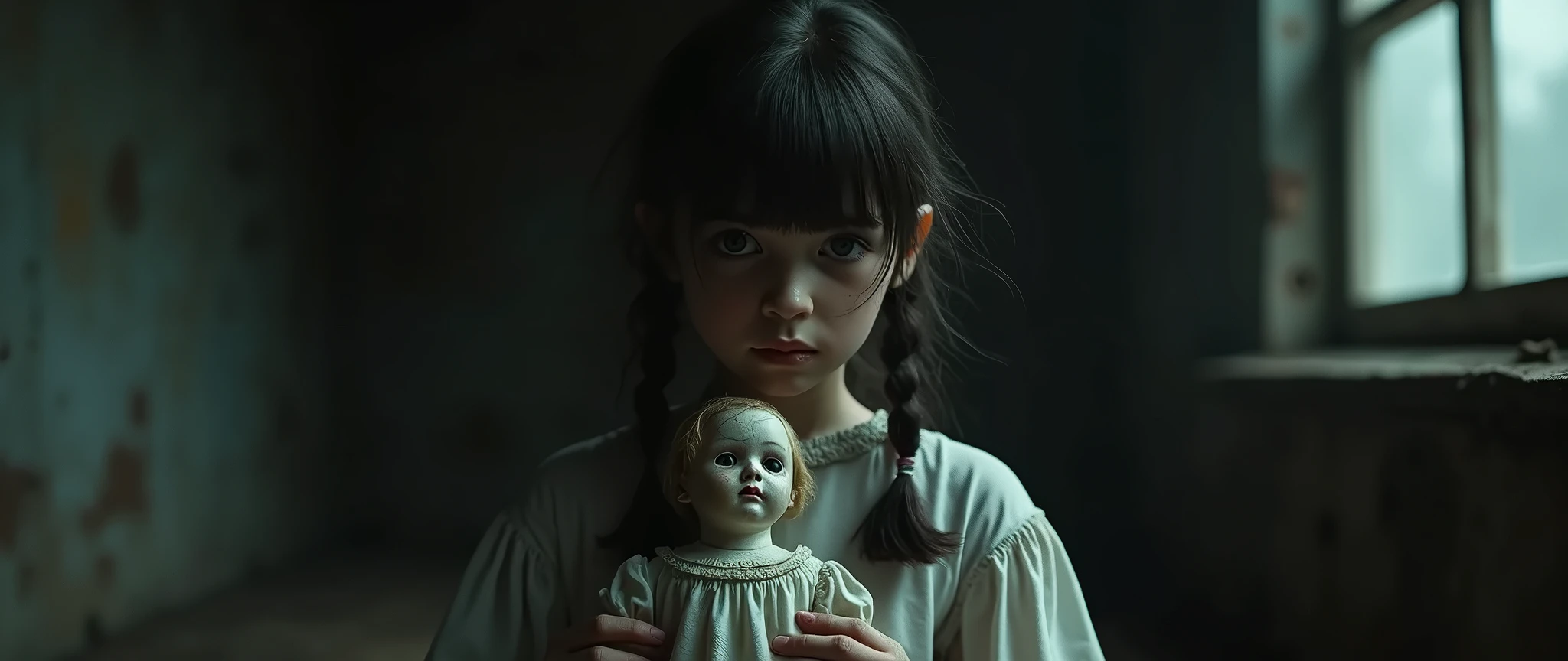 Jewish girl, White dress, ribbons in her hair, holds a rag doll with a single button eye, It is on the door of a former funeral home in Krakow, year 1943, Ultra HD cinematic image, 16k, Hyperrealism, award-winning image