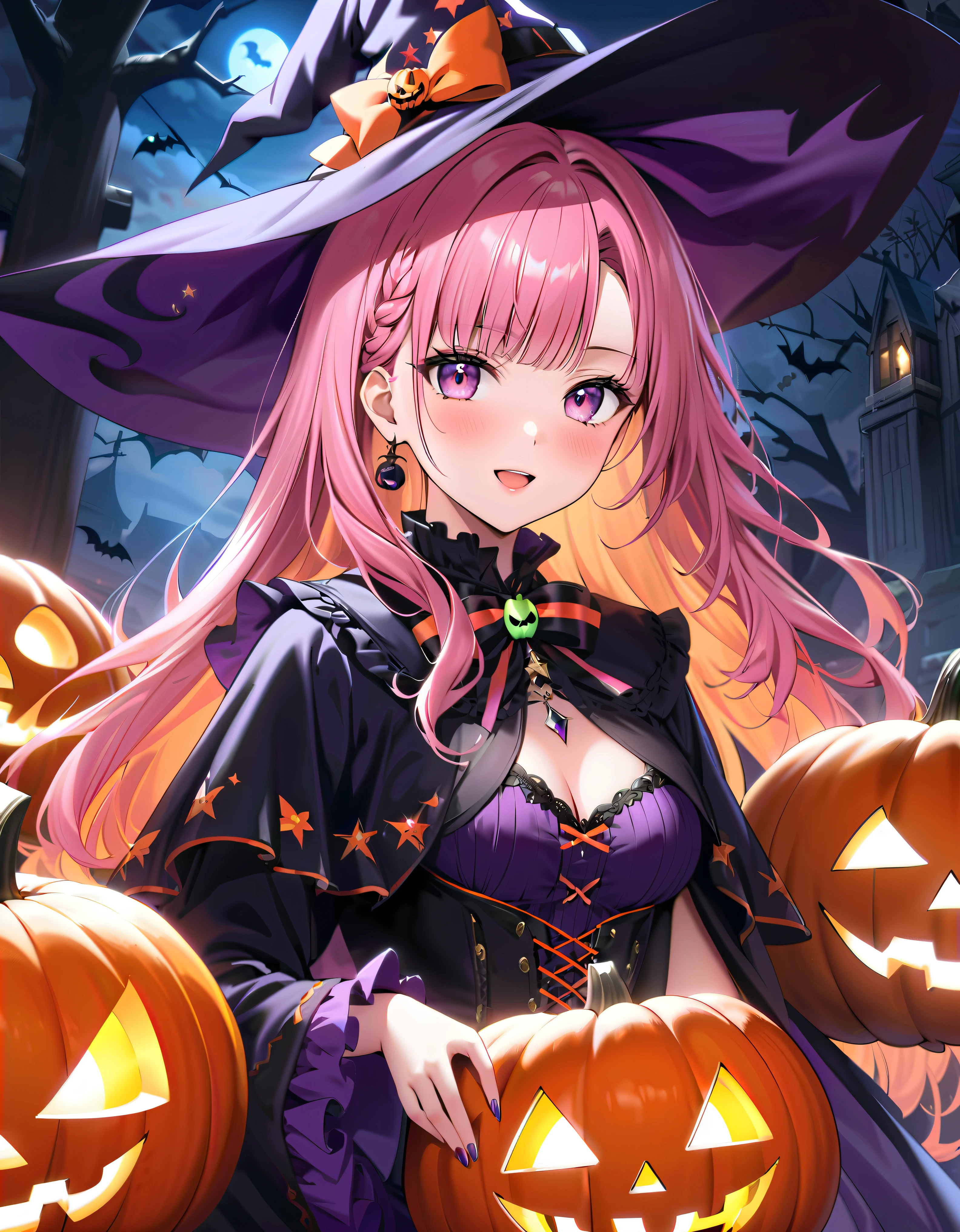 (( super high image quality )), ((Super detailed)), ((Best Quality)), Young woman, Asymmetrical bangs, Halloween, witch, Witch dress with beautiful lace, fine jewels, and fine embroidery, witch's hat, lanthanum, 🎃, Pink Hair, wavy hair, ((( One Side Up ))), (((Complete Hand))), (cowboy shot), hyper detail skin, Skin Dentition, amazing digital paint, dark atmosphere, Ancient City, caustics , realistic, (anime moe art style:1.3),