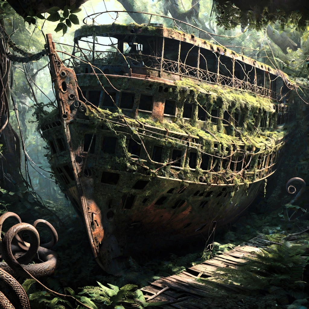 a rusting abandoned ship in a dense forest, surrounded by pythons, highly detailed, 8k, photorealistic, detailed weathered metal, twisted vines, overgrown forest, moody lighting, dramatic shadows, realistic textures, stunning scenery, cinematic composition, intricate details, breathtaking realism, masterful execution