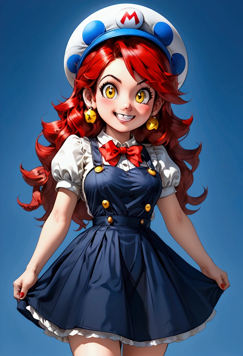 a wonderful young woman with a delighted toothed smile, her hair is yellow with a red bow, her cheeks are Rosie Red, her eyes are black, she wears a blue collar shirt, her skirt is navy blue with white polkadots, she wears black heels with polkadots, she's holding a mini black chain chomp with a bow on its head (super mario themed stylish outfit)(full body)