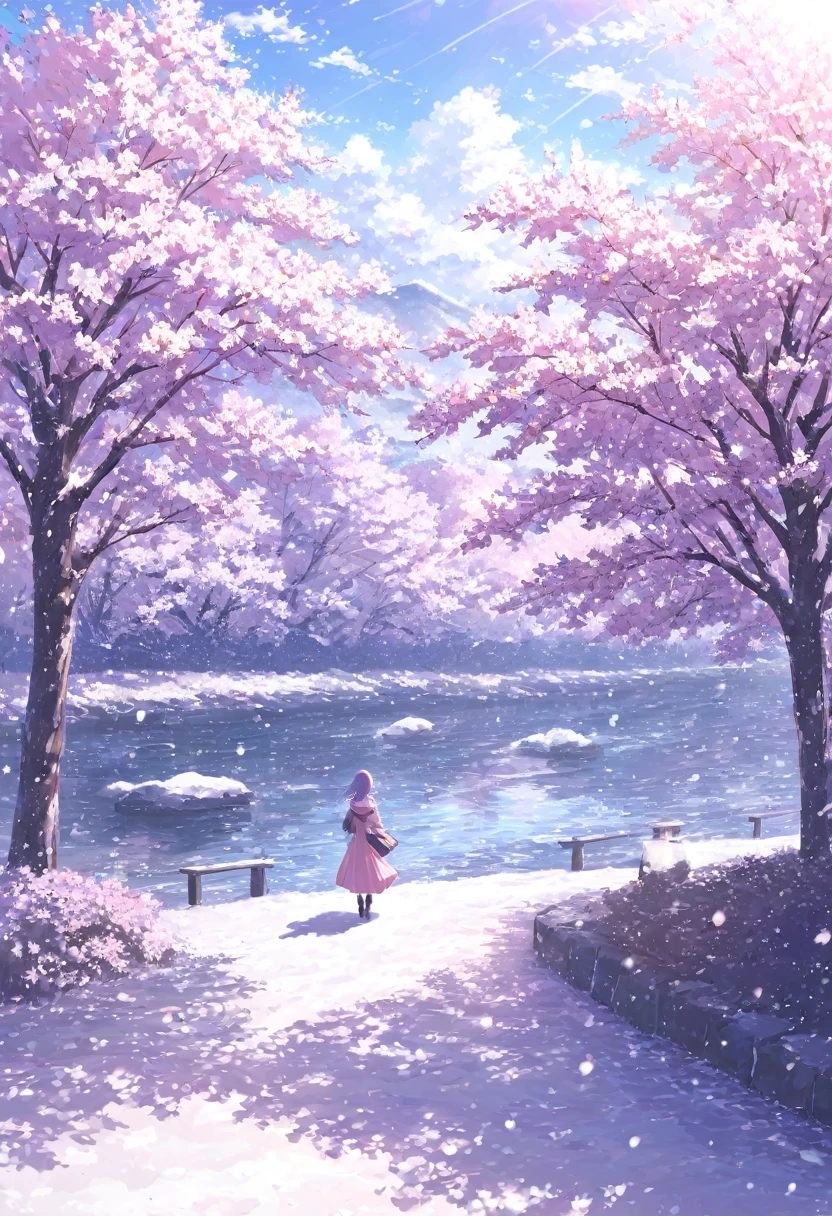 ((pastel))、One woman, river and Senbonzakura , cherry blossoms on one side per ,Cherry Blossom Snowstorm,Pink glow,noon, sunlight shines in, seen from afar, moving scene 