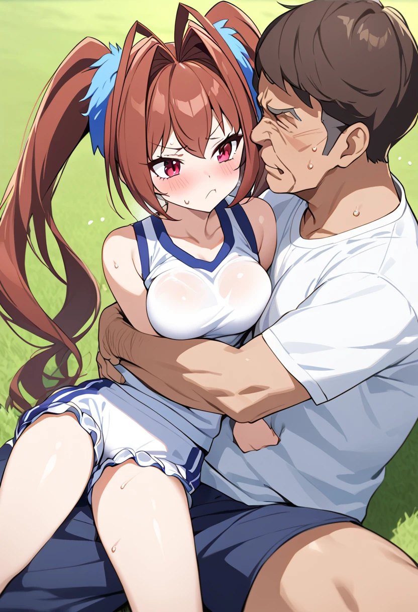 Best Quality、Daiwa Scarlet、Young girl、Firm breasts、White gym clothes、Navy blue bloomers、Reddish brown hair、 twin tails、lawn、sweat、A hug with a middle-aged man、Pouting face