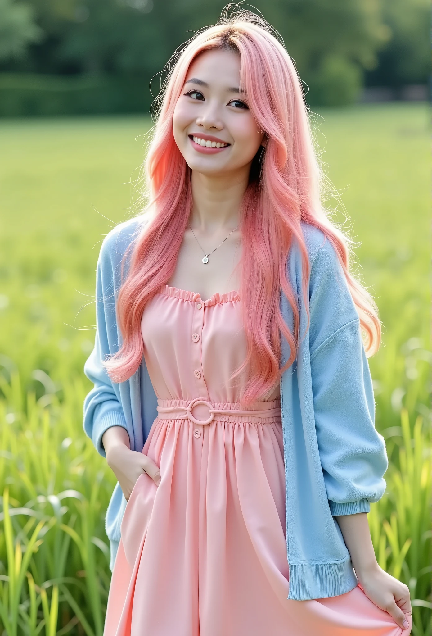 Professional photography, model shoot, realistic, portrait, a young Asian girl with long curvy pink hair, she wearing a long pink sundress and a light blue cardigan, smiley, set in green grass field, daylight, outdoor