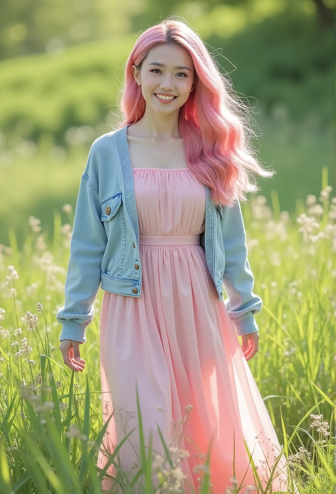 Professional photography, model shoot, realistic, portrait, a young Asian girl with long curvy pink hair, she wearing a long pink sundress and a light blue cardigan, smiley, set in green grass field, daylight, outdoor