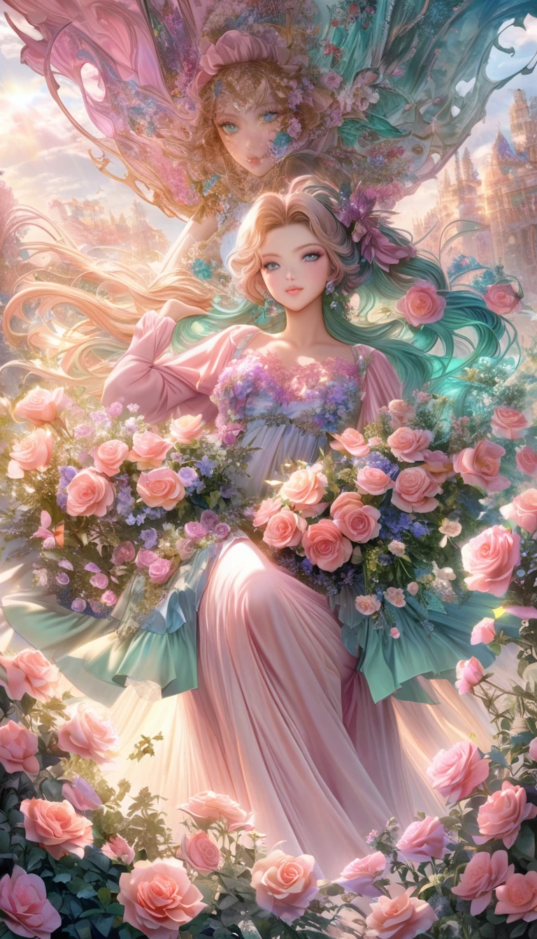 a spring goddess wearing a majestic,flowers dress, big beautiful dress, intricate puffy ball gown with lots of ruffles and rhinestones (Masterpiece, Top Quality, Best Quality, Official Art, Beautiful and Aesthetic: 1.2), (1 Flower), Upper Body, Extremely Detailed, (Fractal Art: 1.3), Colorful, Most Detailed