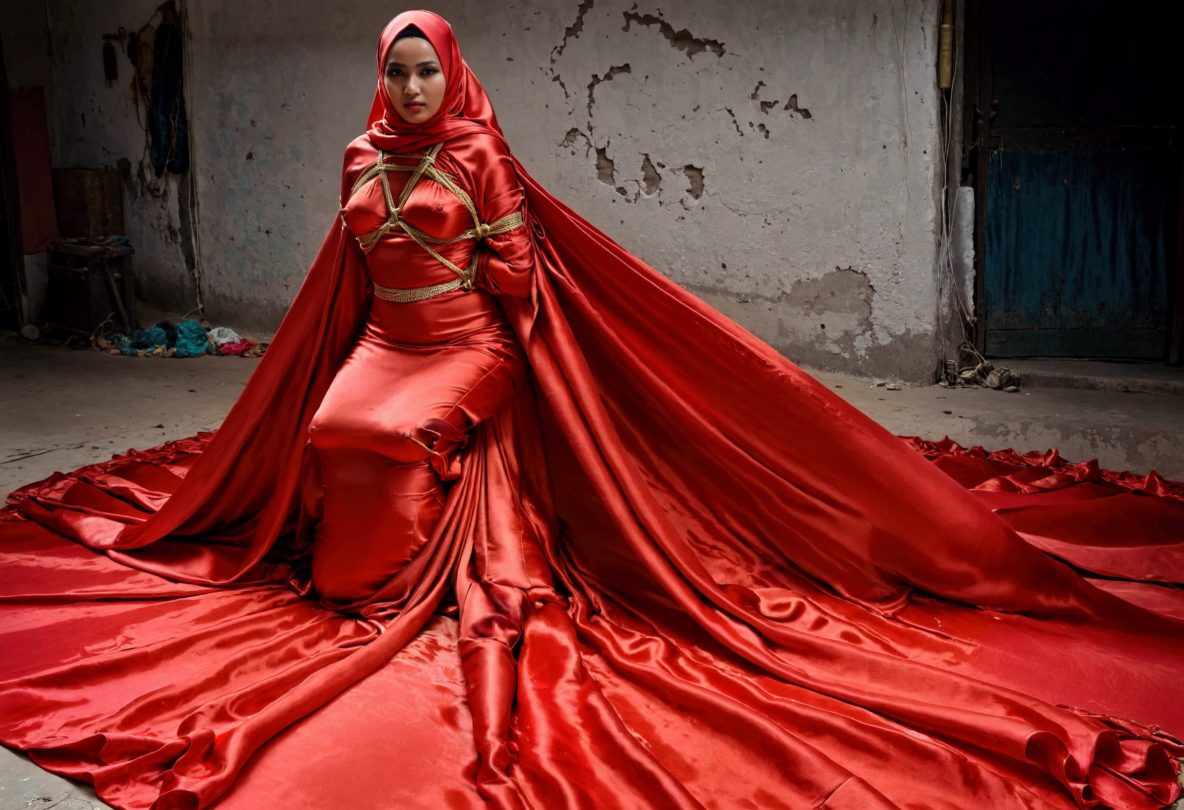 A woman shrouded in a 9-meter-long, plush transparent red satin cloth, tightly bound and grandly draping along the form of her body, flowing off into a pooled floor-length train, styled in a mermaid-inspired outfit, her head modestly veiled in a satin hijab, 175 height woman, walk in indonesian vilage street, a full-body pose conveying a sense of elegance, captured in a 4k resolution, ultra-realistic