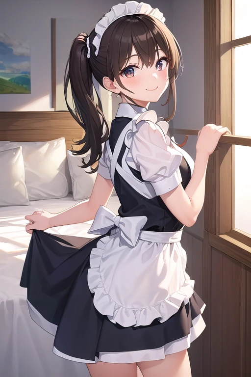 ((best quality)), ((masterpiece)), (detailed),1girl。
 brown hair side ponytail 。smile。Maid uniform。Grab the hem of your skirt。