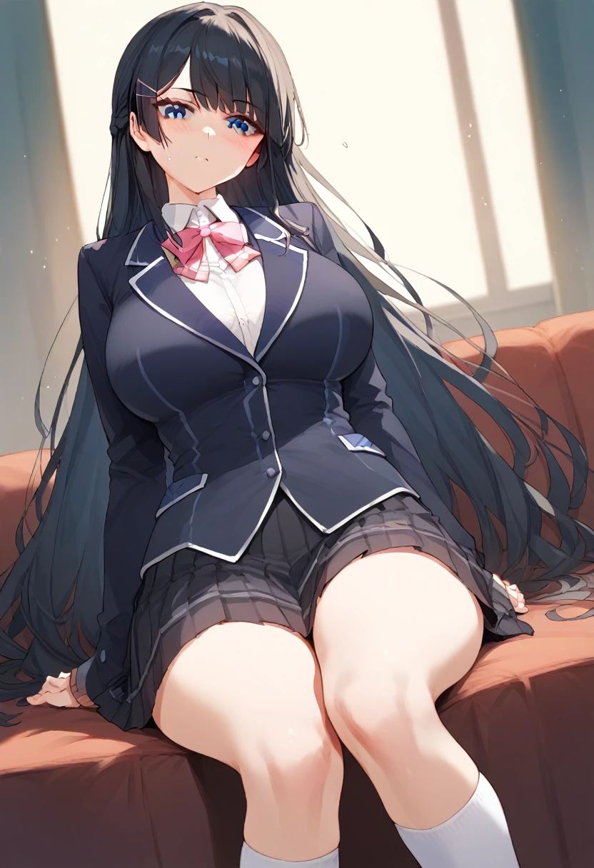 tsukino mito,Long Black Hair,Hair Clip、blush、Huge breasts、slim:1.5、One girl, tsukino mito, Long Hair, Black Hair, blazer, Black jacket, Hair Clip, hair ornaments, White knee socks, bangs, Braiding, Pleated skirt, Pink ribbon, , Long sleeve, Collared shirt, White shirt, blue eyes, Checked skirt, Black Skirt、立っている、横から