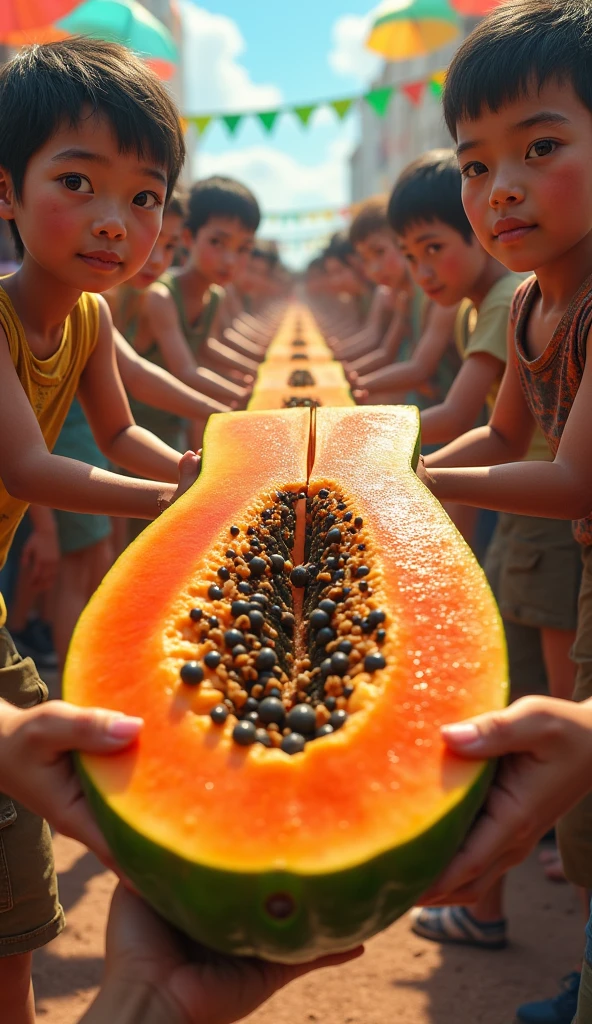 Vision,Hot summer,Two children sitting on a giant Mango-shaped boat,Back,Wear a sun hat,Fundo verde claro,Summer elements,Lotus Pond,A hot, sunny day in midsummer,Comic Style,Fresh and beautiful atmosphere
