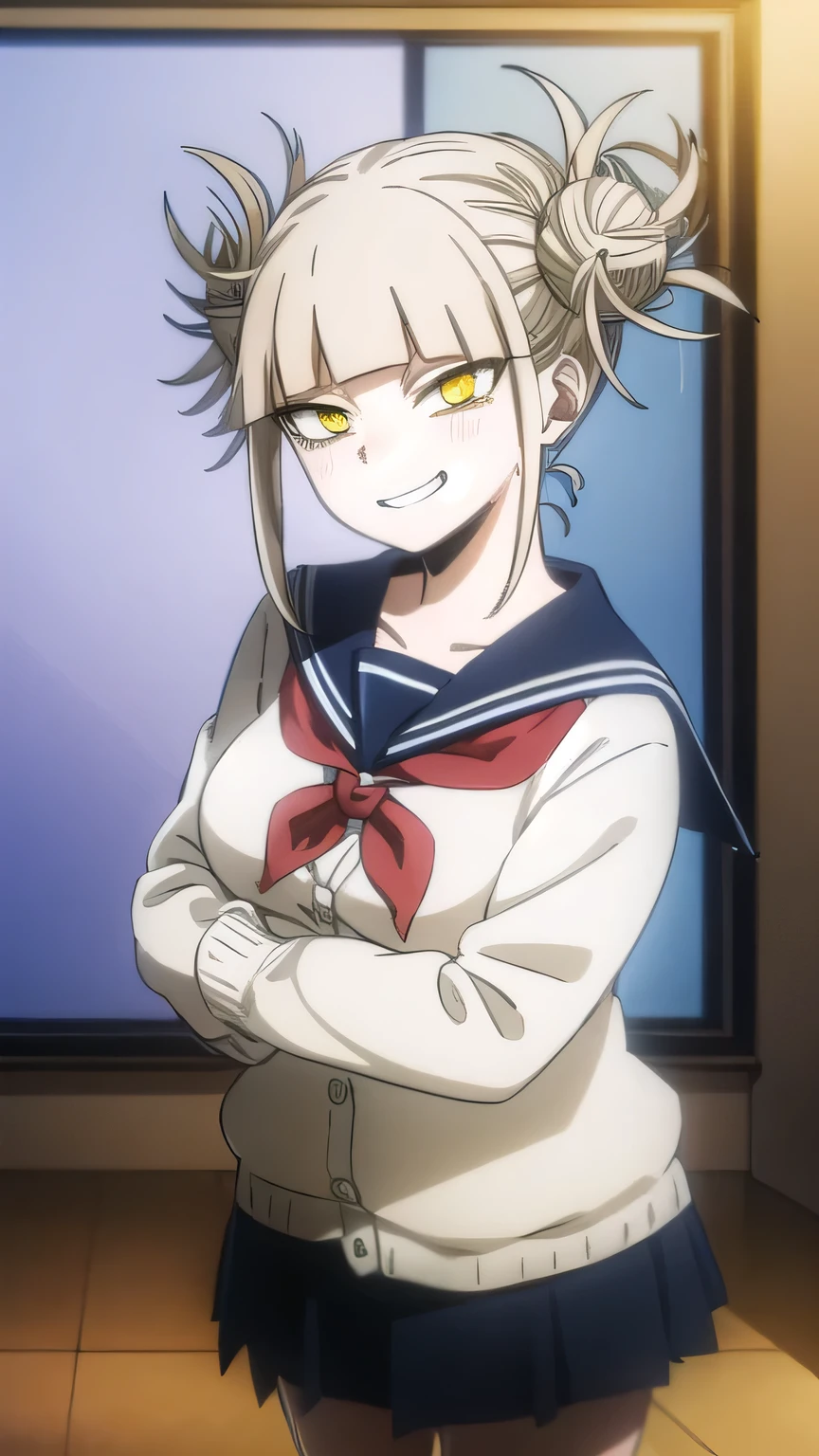 togahimiko, himiko toga, (toga himiko:1.2), bangs, blonde hair, (yellow eyes:1.5), blunt bangs, hair bun, double bun, messy hair, smile, grin, teeth,
BREAK skirt, (big breast) , ((SOLO)) ,long sleeves, ((school uniform with top 2 buttons open showing cleavage)), pleated skirt, shoes, serafuku, socks, sailor collar, blue skirt, neckerchief, kneehighs, brown footwear, cardigan, black socks, loafers, red neckerchief, yellow cardigan,
BREAK indoors, classroom,
BREAK looking at viewer, (cowboy shot:1.5),
BREAK (masterpiece:1.2), best quality, high resolution, unity 8k wallpaper, (illustration:0.8), (beautiful detailed eyes:1.6), extremely detailed face, perfect lighting, extremely detailed CG, (perfect hands, perfect anatomy),