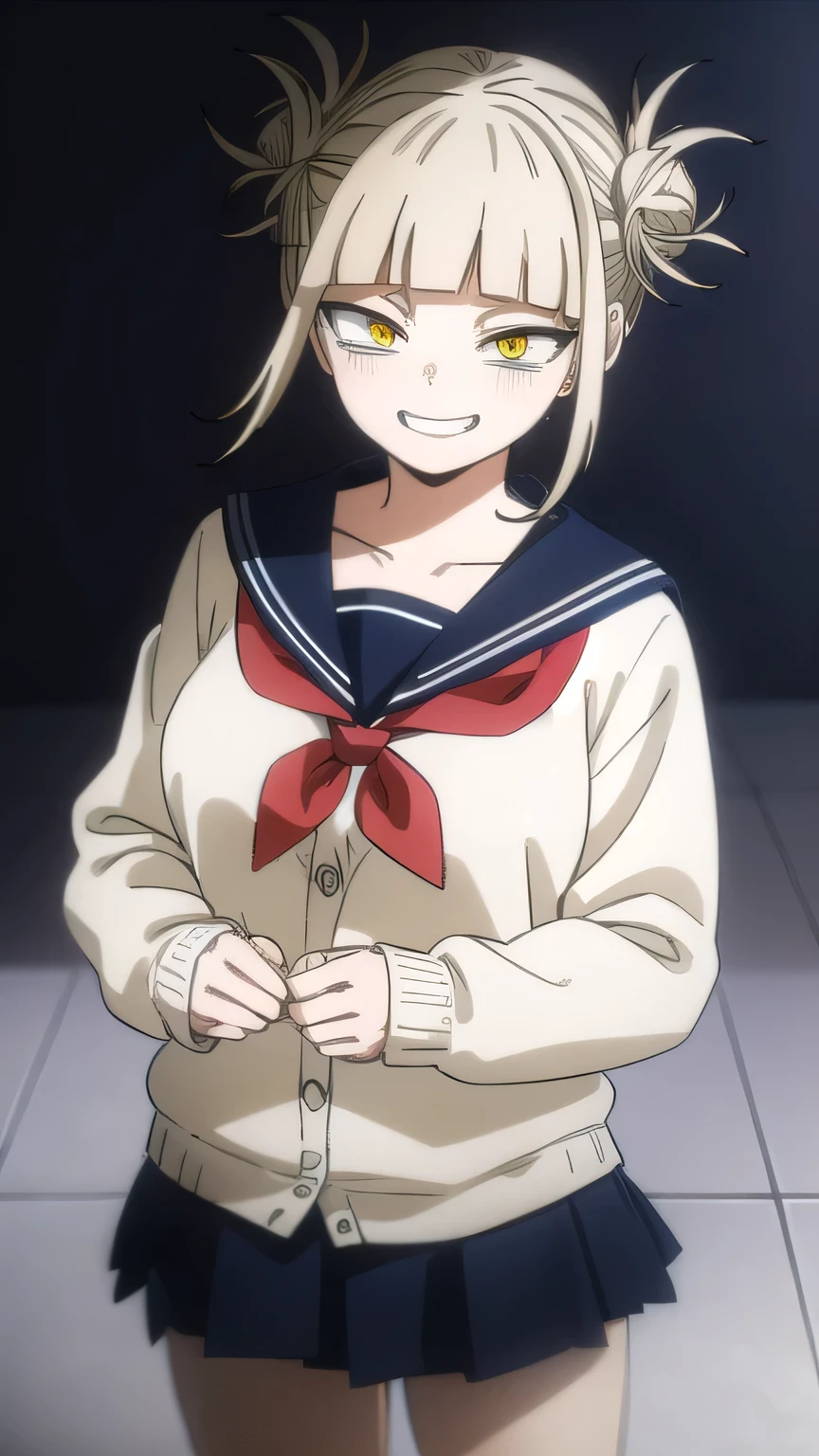 togahimiko, himiko toga, (toga himiko:1.2), bangs, blonde hair, (yellow eyes:1.5), blunt bangs, hair bun, double bun, messy hair, smile, grin, teeth,
BREAK skirt, (big breast) , ((SOLO)) ,long sleeves, ((school uniform with top 2 buttons open showing cleavage)), pleated skirt, shoes, serafuku, socks, sailor collar, blue skirt, neckerchief, kneehighs, brown footwear, cardigan, black socks, loafers, red neckerchief, yellow cardigan,
BREAK indoors, classroom,
BREAK looking at viewer, (cowboy shot:1.5),
BREAK (masterpiece:1.2), best quality, high resolution, unity 8k wallpaper, (illustration:0.8), (beautiful detailed eyes:1.6), extremely detailed face, perfect lighting, extremely detailed CG, (perfect hands, perfect anatomy),