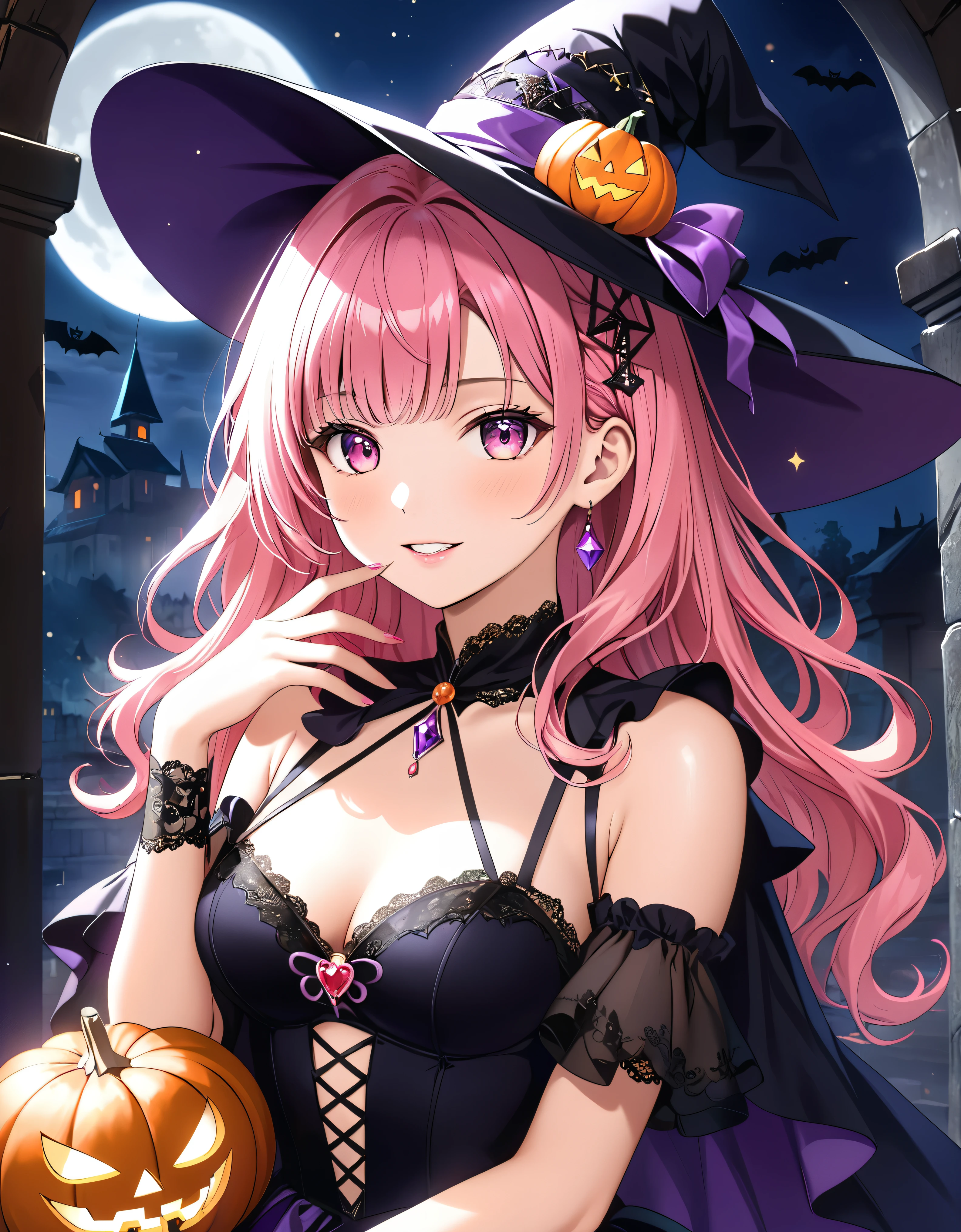 (( super high image quality )), ((Super detailed)), ((Best Quality)), Young woman, Asymmetrical bangs, Halloween, witch,  beautiful lace with fine jewels and fine embroidery,Witch dress and witch hat with, lanthanum, 🎃, Pink Hair, wavy hair, (((  One Side Up  ))), (((Complete Hand))), (cowboy shot), hyper detail skin, Skin Dentition,  amazing digital paint,  dark atmosphere, Ancient City,  caustics , realistic, (anime moe art style:1.3),