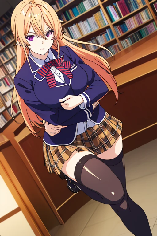 16k, (masterpiece, best quality, highly detailed, ultra detailed, high resolution, absurdres), (official art, incredibly fine illustration, extremely detailed CG, best quality, masterpiece, BREAK kerina nakiri, long hair, orange hair, (purple eyes:1.1), hair between eyes, skirt, thighhighs, bow, school uniform, jacket, pleated skirt, shoes, black thighhighs, zettai ryouiki, plaid, plaid skirt, blazer, BREAK, detailed background, professional lighting, dynamic angle, perfect hands, detailed shiny skin, detailed hair, detailed eyes), library, Girl in uniform, Shiny hair, Shiny skin, carried breast rest carrying, stack of books.