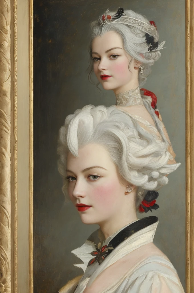 A picture of A woman in a gorgeous grey dress with black inserts, red lipstick, Arlecchino from Genshin Impact, Marie-Antoinette, 18th century, (close up face), high French hairstyle with curled hair from the 1790s, A tall woman with pale skin. Eyes with a pure black iris and a red pupil in the shape of the letter "x". Asymmetrical long snow-white hair. Occasionally, black strands could be seen in them, combed over the right side of the head. She was wearing little black and white snowflake earrings. shy smiling on her face, She stands in the royal throne room of Versailles. Works inspired by Friedrich von Amerling, Inspired by Thomas Lawrence, Inspired by Franz Xaver Winterhalter, Nick Alm, oil painting style, realistic woman oil painting, elegant portrait, beautiful portrait of a woman, Inspired by Casey Baugh, elegant digital paintings, Inspired by Howard Chandler Christie, cool beauty, perfect tall model body, best quality, perfect angle, perfect composition, best shot, official art, cinematic light, supreme work of art