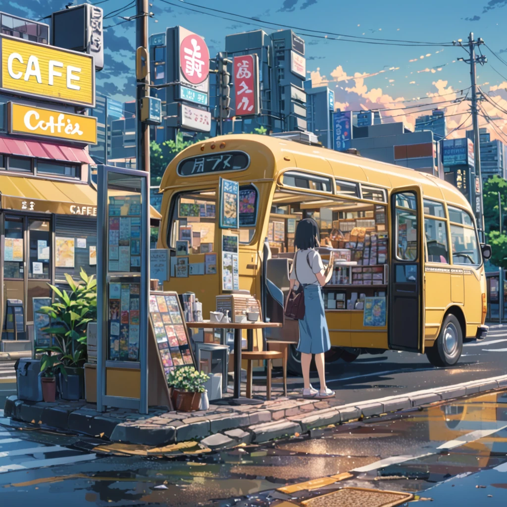 ((Anime:1.4,figure)),(masterpiece, Best Quality,  best quality),(Super detailed, Absolute Resolution),((16k, high res)), (((Cafe next to the bus))), ((Anime:1.4,figure)),(masterpiece, Best Quality,  best quality),(Super detailed, Absolute Resolution),((16k, high res)). break {Lofi Art,  Laurie Greasley style , Makoto Shinkai's style , Anime aesthetic}, break { (teeth、 shot with a Sony SLR 、 with detailed textures like a movie 、 generates images with 40 million pixels or more of information).}