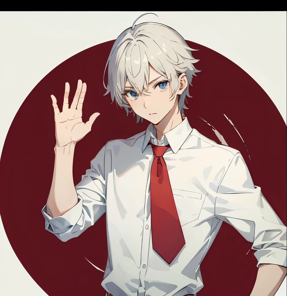 Anime boy, wearing white shirt red tie, sleeve fold, waving hand, hello , school boy