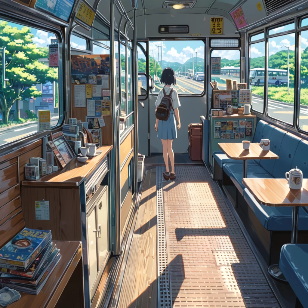 ((Anime:1.4,figure)),(masterpiece, Best Quality,  best quality),(Super detailed, Absolute Resolution),((16k, high res)), (((Cafe next to the bus))), ((Anime:1.4,figure)),(masterpiece, Best Quality,  best quality),(Super detailed, Absolute Resolution),((16k, high res)). break {Lofi Art,  Laurie Greasley style , Makoto Shinkai's style , Anime aesthetic}, break { (teeth、 shot with a Sony SLR 、 with detailed textures like a movie 、 generates images with 40 million pixels or more of information).}