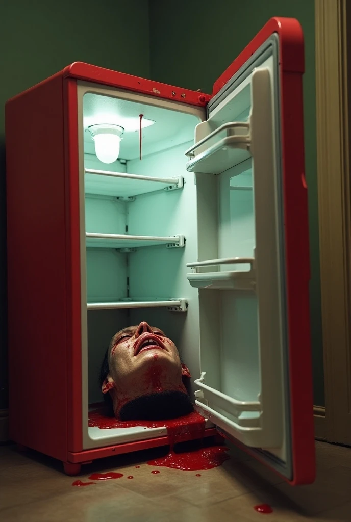A bloody and gory decapitated head in the refrigerator, nightmare