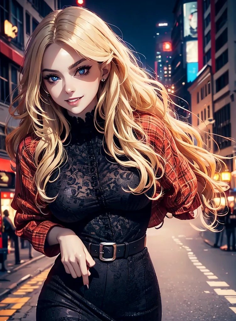 Ultradetailed face, portrait, dynamic angle, night city, walking on street, detailed shading, gorgeous woman, makeup, red fit dress, skinny, ((seductive eyes)), ((evil smile)), ((long wavy hair)), blonde hair, pale skin, sexy woman