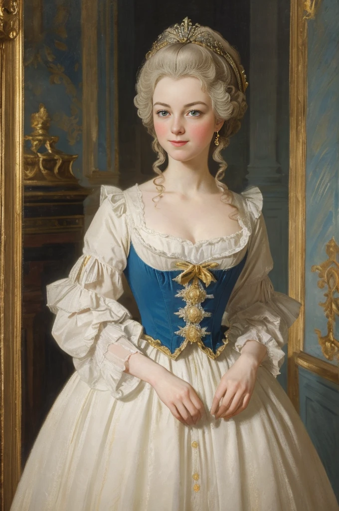 A picture of A girl in a gorgeous white dress with blue inserts, light red lipstick, Lumine from Genshin Impact, Marie-Antoinette, 18th century, close up face, high French hairstyle with curled hair from the 1790s, A young girl with pale skin, golden short hair, yellow eyes, shy smiling on her face, She stands in the royal throne room of Versailles. Works inspired by Friedrich von Amerling, Inspired by Thomas Lawrence, Inspired by Franz Xaver Winterhalter, Nick Alm, oil painting style, realistic woman oil painting, elegant portrait, beautiful portrait of a woman, Inspired by Casey Baugh, elegant digital paintings, Inspired by Howard Chandler Christie, cool beauty, perfect tall model body, best quality, perfect angle, perfect composition, best shot, official art, cinematic light, supreme work of art