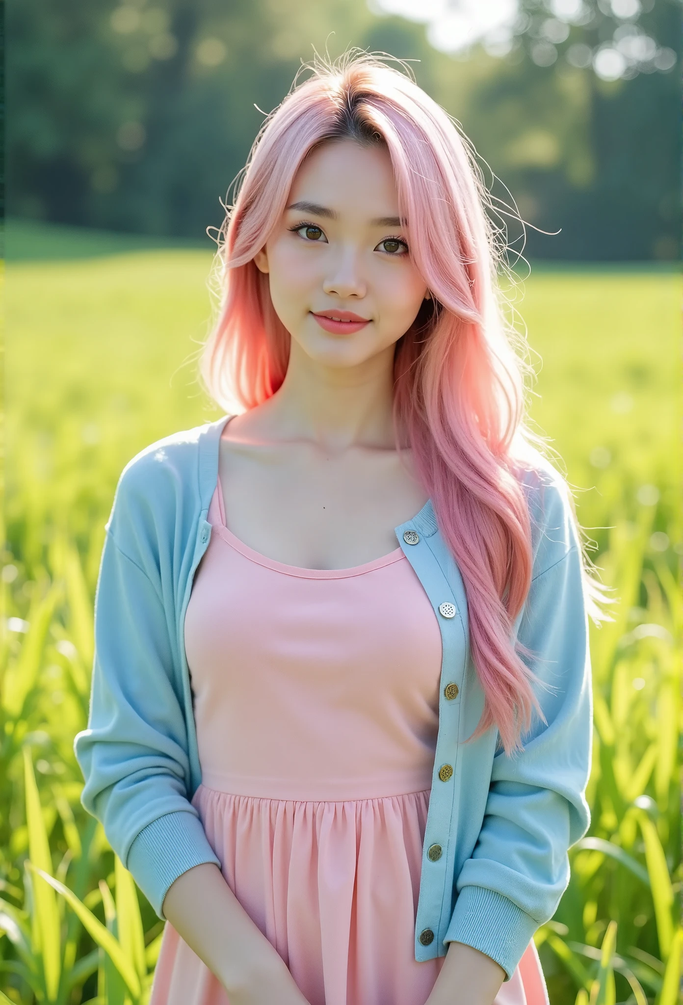 Professional photography, model shoot, realistic, portrait, a young Asian girl with long curvy pink hair, she wearing a long pink sundress and a light blue cardigan, set in green grass field, daylight, outdoor