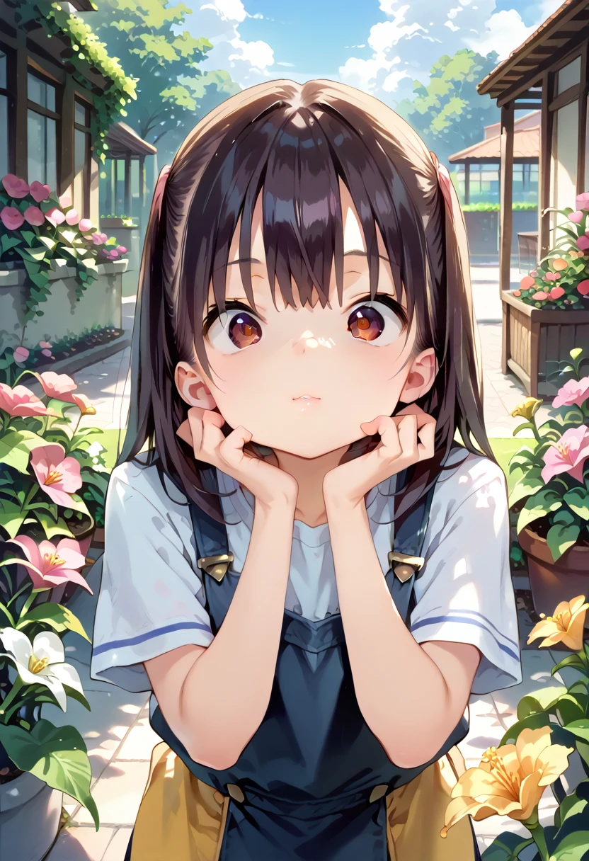   score_9,   score_8_up,   score_7_up, sauce_Anime, masterpiece,  absurd,   perfect face, Alone cute expression,   perfect face, Ponsuke P   ,   1 girl, Alone,  Black Hair ,   Dark brown eyes , Bright Eyes, Cleft lip, , cute, garden, day, flower.  