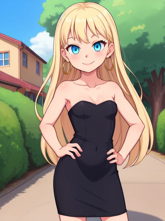 masterpiece, best quality, solo, 1 girl, psgpanty, black dress, blue eyes, long hair, blonde hair, hoop earrings, upper body, collarbone, bare shoulders, strapless, black sweetheart dress, black pencil skirt, right arm down, contrapposto, left hand on own hip, parody, smile, outdoor, standing up
