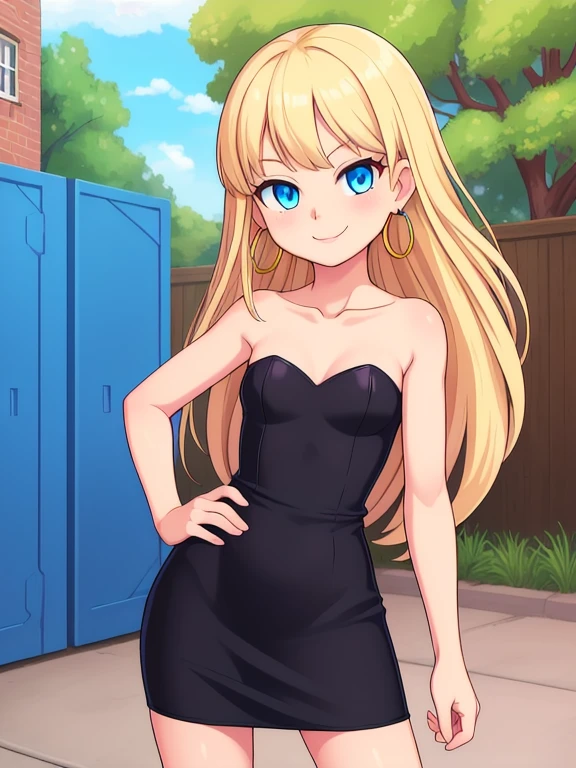 masterpiece, best quality, solo, 1 girl, psgpanty, black dress, blue eyes, long hair, blonde hair, hoop earrings, upper body, collarbone, bare shoulders, strapless, black sweetheart dress, black pencil skirt, right arm down, contrapposto, left hand on own hip, parody, smile, outdoor, standing up
