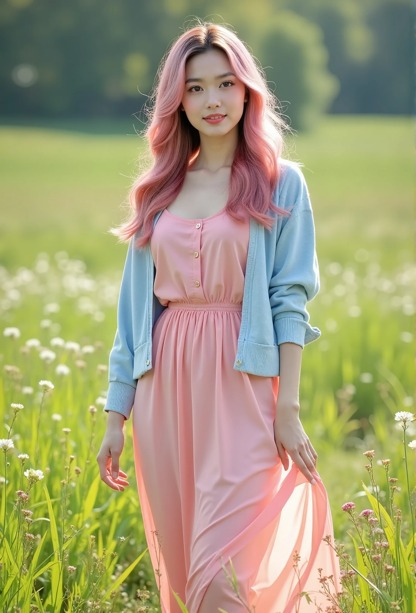 Professional photography, model shoot, realistic, portrait, cowboy shot, a beautiful Asian girl, she has long curvy and fluffy hair, she has pink hair color, she has pretty makeup, she is standing, she wearing a long pink sundress and a light blue cardigan, set in green grass field with small white flowers, daylight, outdoor