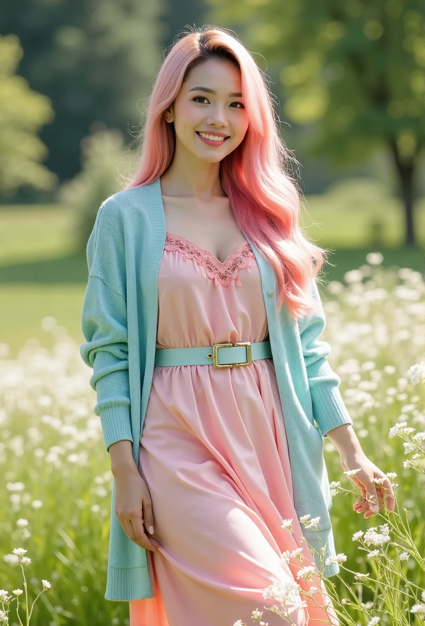 Professional photography, model shoot, realistic, portrait, cowboy shot, a beautiful Asian girl, she has long curvy and fluffy hair, she has pink hair color, she has pretty makeup, she is standing, she wearing a long pink sundress and a light blue cardigan, set in green grass field with small white flowers, daylight, outdoor