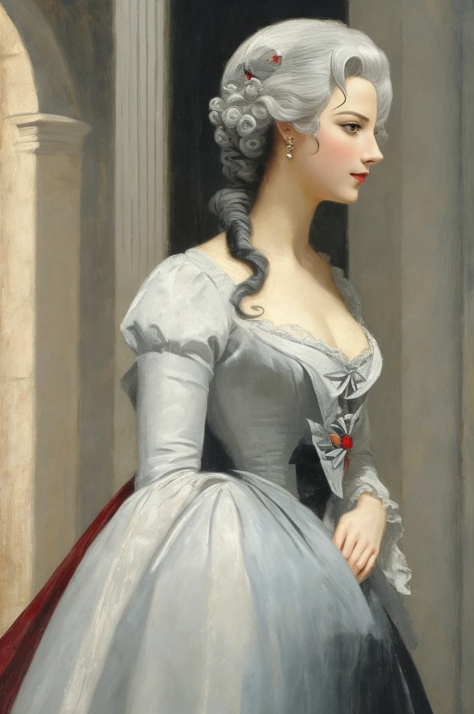 A picture of A woman in a gorgeous grey dress with black inserts and black lace gloves, black red lipstick, Arlecchino from Genshin Impact, Marie-Antoinette, 18th century, high French hairstyle with curled hair from the 1790s, A tall woman with pale skin. Eyes with a pure black iris and a red pupil in the shape of the letter "x". Asymmetrical long snow-white hair. Occasionally, black strands could be seen in them, combed over the right side of the head. She was wearing little black and white snowflake earrings. shy smiling on her face, She stands in the middle of the Place de la Concorde in Paris surrounded by people, with a guillotine in the background behind her, outdoors, outside, autumn, grey clouds, rainy weather, The Great French Revolution. Works inspired by Friedrich von Amerling, Inspired by Thomas Lawrence, Inspired by Franz Xaver Winterhalter, Nick Alm, oil painting style, realistic woman oil painting, elegant portrait, beautiful portrait of a woman, Inspired by Casey Baugh, elegant digital paintings, Inspired by Howard Chandler Christie, cool beauty, perfect tall model body, best quality, perfect angle, perfect composition, best shot, official art, cinematic light, supreme work of art