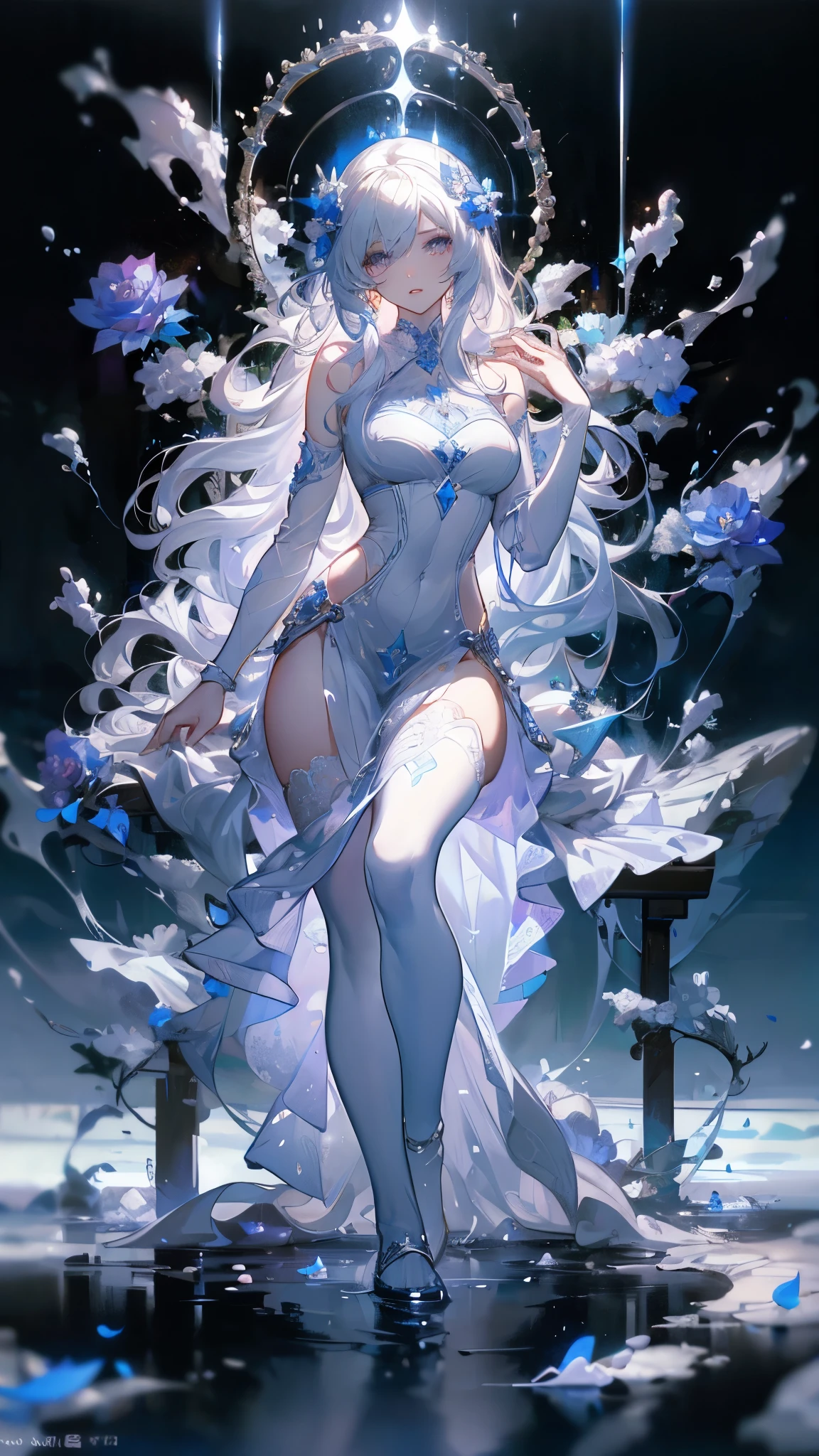 ((masterpiece, best quality)), Delicate face,Magician,Gold and blue,whole body,Standing picture,Long legs,Large Breasts,Gradient long wavy hair,Perfect body proportions,Beautiful blue eyes,Extremely beautiful,transparent, Pure white background,cloud,Blue Rose,Erotic_lingerie,Sexy_Bikini,Lace,Garter stockings