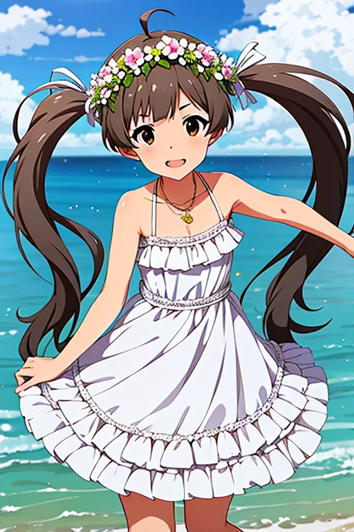  score_9,  score_8_up,  score_7_up,   very aesthetic, sauce_ Anime BREAK
1 girl , Serika Hakozaki,  Pure Dress , Milli Theater,  twin tails, Ahoge, White Dress, smile, Brown Hair,  Brown Eyes ,  Jewelry , head wreath,  Staring at Viewers , necklace, clavicle, Holding flowers,  Hair Ribbon, Bare shoulders,  sees her eyebrows through her hair, White ribbon, flower wreath,  cowboy shot,  white flower,  sleeveless dress, Ribbon trim, ,  sundress,  closed mouth , Frill dress,  short bang in full body water, very long hair, Exposing arms, frills,  flat chest,  Ribbon Decorated Dress ,  HAIR ACCESSORIES, standing, wreath,  1 Hour Painting Challenge , Florid, Look at the sky, petal, hair flowing over
