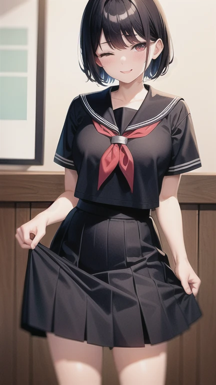 As it is, the skirt is more pleated and only the upper part is made, the skirt is short, the delta line of the bloomers is shorter, excited by the bloomers, only the bloomers are fully visible from the center, the full view navy blue bloomers, the big breasts, the face is short hair,
