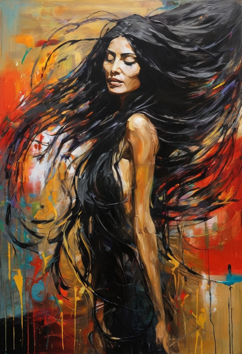 amazing woman, nude in the bedroom, brut style art, characterized by bright and bold colors, thick textured paint, intense black strokes, and amazed details ral-drptpl