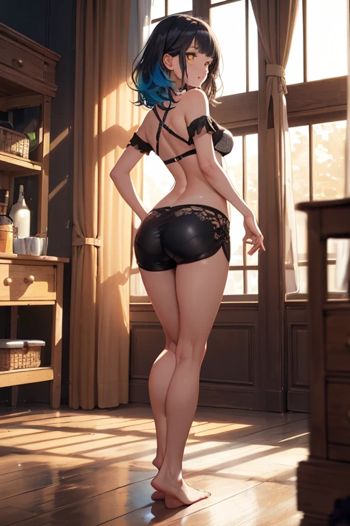 (Original Character、Unity 16K Wallpaper, Masterpiece, Best Quality, Ultra-Detailed, Extremely Detailed CG, Caustics, Cinematic Lighting, Detailed, Beautiful Detailed Eyes, solo), Ultra High Resolution, fine skin, (underwear), (strong light)、((brighten the subject)),blush,oily skin,curby:1.2,simple panties,thong,bent over,from side,blue hair