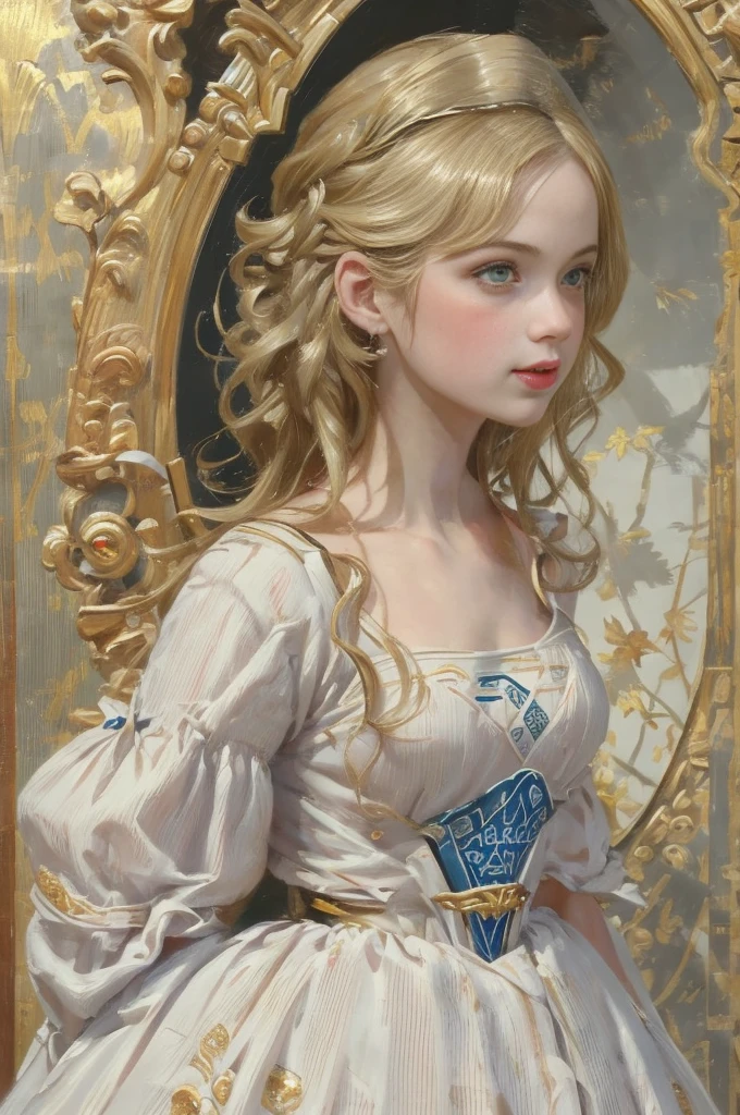 A picture of A girl in a gorgeous white dress with blue inserts, light red lipstick, Lumine from Genshin Impact, Marie-Antoinette, 18th century, close up face, high French hairstyle with curled hair from the 1790s, A young girl with pale skin, golden short hair, yellow eyes, shy smiling on her face, She stands in the royal throne room of Versailles. Works inspired by Friedrich von Amerling, Inspired by Thomas Lawrence, Inspired by Franz Xaver Winterhalter, Nick Alm, oil painting style, realistic woman oil painting, elegant portrait, beautiful portrait of a woman, Inspired by Casey Baugh, elegant digital paintings, Inspired by Howard Chandler Christie, cool beauty, perfect tall model body, best quality, perfect angle, perfect composition, best shot, official art, cinematic light, supreme work of art