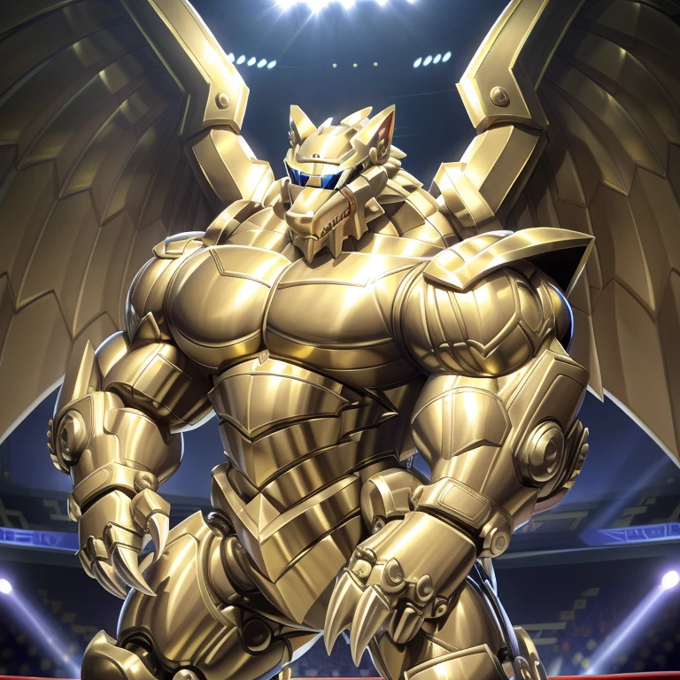 (freddy wolf, 8K), (freddy wolf's giant robot, Powered exoskeleton with the same design as freddy wolf), (Masterpiece, highres) (Detailed head, Detailed Body, Detailed abs, full body) (gigantic muscles, Gigachad Muscular, big muscle, pecs, triceps, traps, unusually developed muscular body, body full of huge muscles. showing off muscles, pectorales enormes, Exaggeratedly huge muscles.) (nj5furry, The claws are sharp, Sharp teeth, sharp claws), (long legs), (Spread wings, It has wings, have big wings, golden wings), (Wrestling, wrestler, the bodybuilding), (It has wings, whole body shines like metal, Wearing cyberpunk mecha, emphasizes the muscles, suit fully made of metal, intricate armor, Robotic suit, suit fully made of metal, cyborg), menacing pose, The whole body is golden. no face. BULK UP. The whole body is golden. wearing a full-face helmet. no blue. no red. A pose that shows off your muscles. no face. He is wearing sunglasses. The face is hidden inside the helmet and cannot be seen.