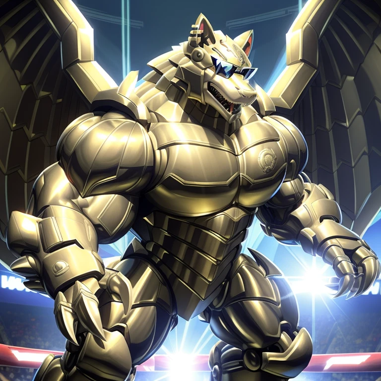 (freddy wolf, 8K), (freddy wolf's giant robot, Powered exoskeleton with the same design as freddy wolf), (Masterpiece, highres) (Detailed head, Detailed Body, Detailed abs, full body) (gigantic muscles, Gigachad Muscular, big muscle, pecs, triceps, traps, unusually developed muscular body, body full of huge muscles. showing off muscles, pectorales enormes, Exaggeratedly huge muscles.) (nj5furry, The claws are sharp, Sharp teeth, sharp claws), (long legs), (Spread wings, It has wings, have big wings, golden wings), (Wrestling, wrestler, the bodybuilding), (It has wings, whole body shines like metal, Wearing cyberpunk mecha, emphasizes the muscles, suit fully made of metal, intricate armor, Robotic suit, suit fully made of metal, cyborg), menacing pose, The whole body is golden. no face. BULK UP. The whole body is golden. wearing a full-face helmet. no blue. no red. A pose that shows off your muscles. no face. He is wearing sunglasses. The face is hidden inside the helmet and cannot be seen.