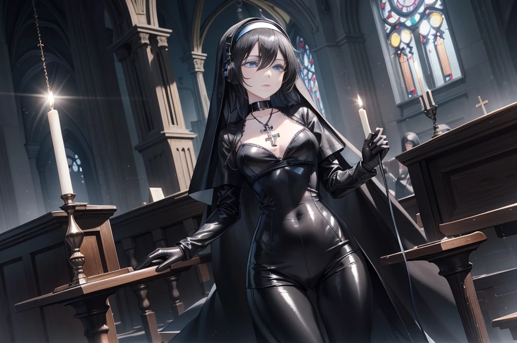 Masterpiece, dynamic shot, (multiple female characters), A picture of beautiful succubus on a leash in a crowd of sexy nuns around , nuns, succubus, beautiful demon girl, horror, dark, sexy, rough domination, domination, on a leash, bdsm, golden chains, (golden leash), collar, golden collar, beautiful bodies, slim, horror style, highly detailed faces, (silk underwear), stockings, leather tight boots, closeup