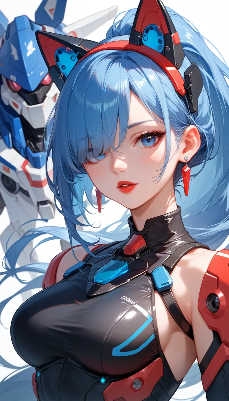  High definition, parting bangs ,  hair gathered in a ponytail ,  blue hair,  one-eye hair ,  hair covers the eye, , high tails , medium breasts, cat ears, earrings, blush, parted lips,  blue eyes , red lips,   looks at the viewer , Hair band, Mecha костюм, 