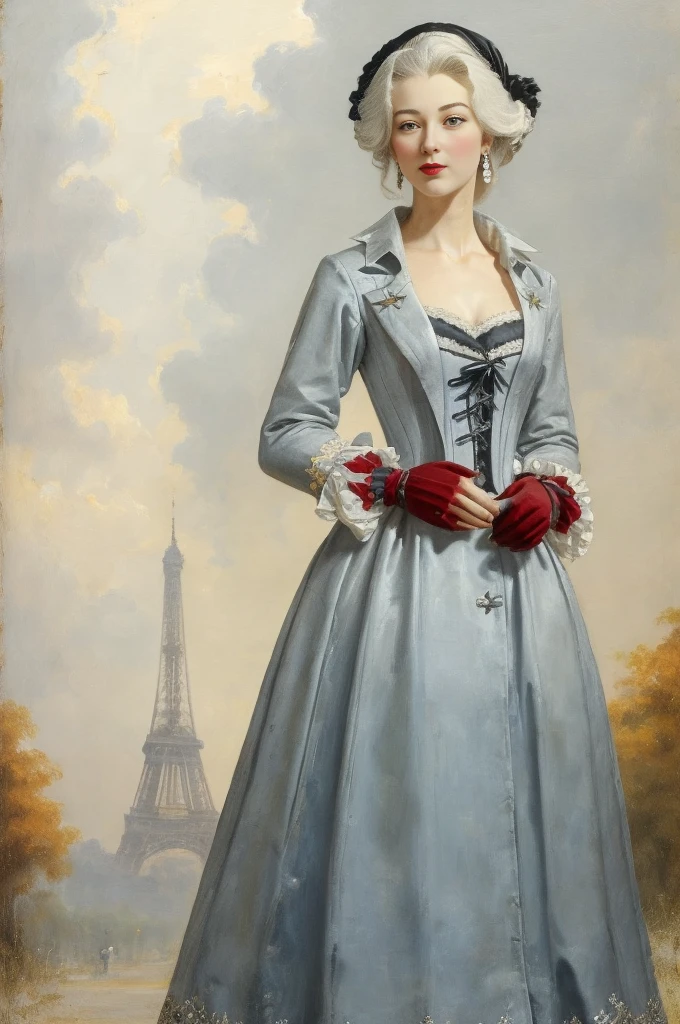 A picture of A woman in a gorgeous grey dress with black inserts and black lace gloves, black red lipstick, Arlecchino from Genshin Impact, Marie-Antoinette, 18th century, high French hairstyle with curled hair from the 1790s, A tall woman with pale skin. Eyes with a pure black iris and a red pupil in the shape of the letter "x". Asymmetrical long snow-white hair. Occasionally, black strands could be seen in them, combed over the right side of the head. She was wearing little black and white snowflake earrings. shy smiling on her face, She looked away in embarrassment, She stands in the middle of the Place de la Concorde in Paris surrounded by people, with a guillotine in the background behind her, outdoors, outside, autumn, grey clouds, rainy weather, The Great French Revolution. Works inspired by Friedrich von Amerling, Inspired by Thomas Lawrence, Inspired by Franz Xaver Winterhalter, Nick Alm, oil painting style, realistic woman oil painting, elegant portrait, beautiful portrait of a woman, Inspired by Casey Baugh, elegant digital paintings, Inspired by Howard Chandler Christie, cool beauty, perfect tall model body, best quality, perfect angle, perfect composition, best shot, official art, cinematic light, supreme work of art