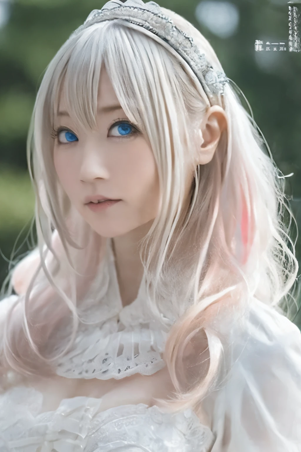 ((High quality)),masutepiece,(Detailed depiction of local details:1.2),1girl in,Blue eyes,plump breasts,Enchanted Valley,Closed mouth,Eyelashes,Looking at Viewer,Portrait,Solo,Upper body,(Light pink hair),White theme,Long hair,,Yorha No. 2 Type B,