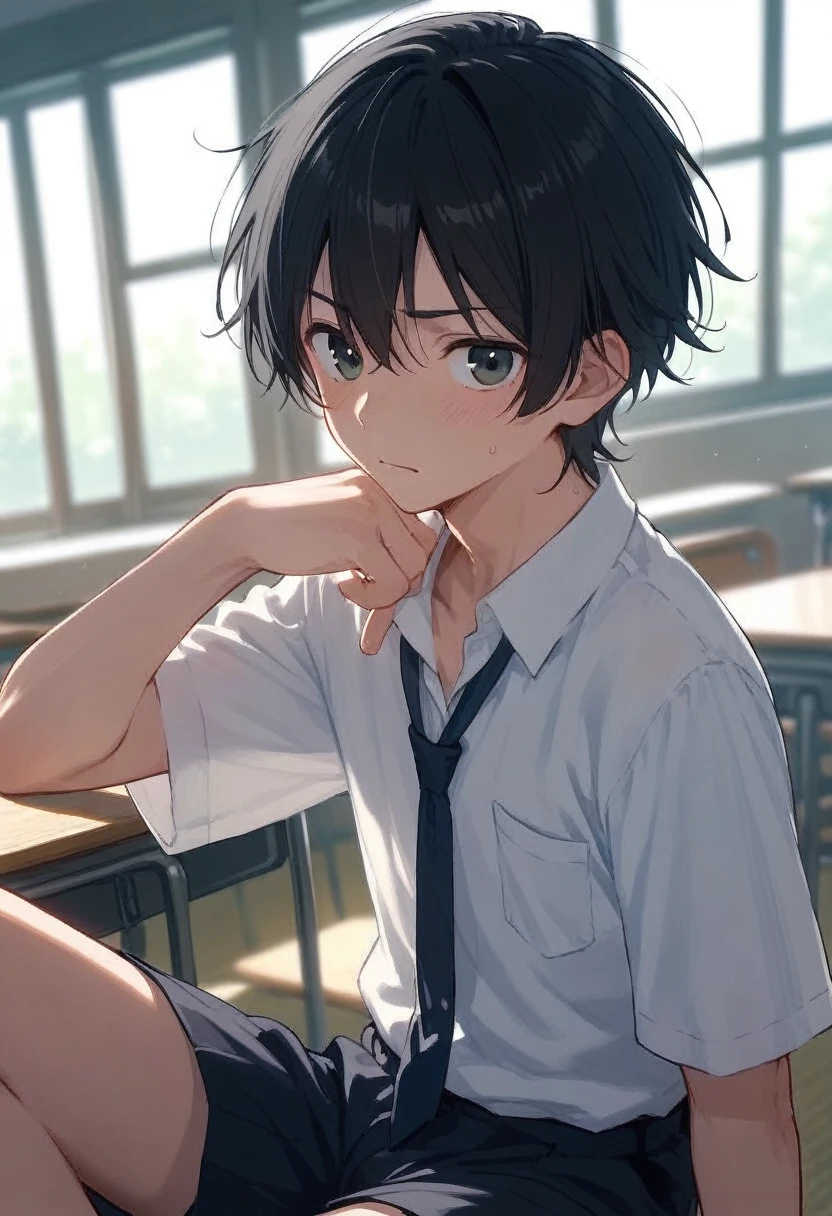  male、二人のmale、 high school student 、Student Uniform、slacks、Loose tie、whole body、 Black Hair 、Summer sunshine、study、二人のmaleが濃厚なキスをする、自分で服を脱ぐ二人のmale性 、 long bangs、 Black Hair 、